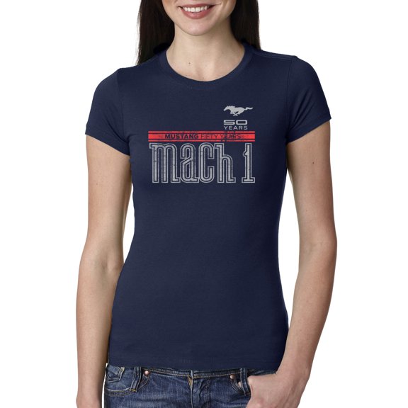 Wild Bobby, Ford Mustang 50 Years Logo Mach 1 Classic Emblem, Cars and Trucks, Women Slim Fit Junior Tee, Navy, Medium