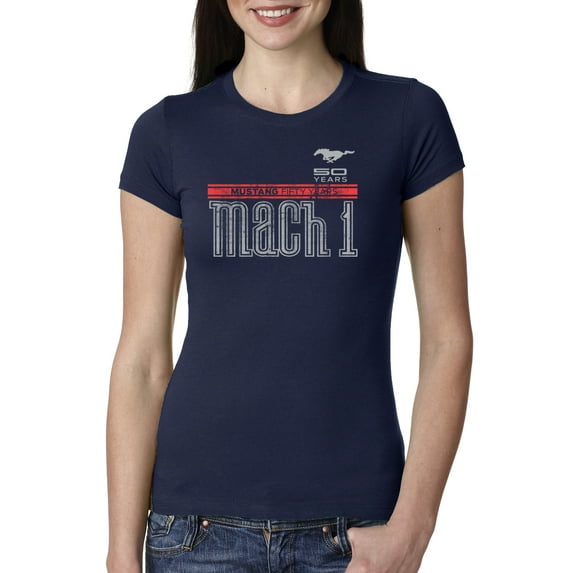 Wild Bobby, Ford Mustang 50 Years Logo Mach 1 Classic Emblem, Cars and Trucks, Women Slim Fit Junior Tee, Navy, Medium