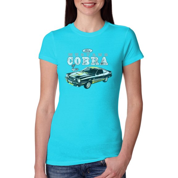 Wild Bobby, Ford Mustang Cobra | Black and Yellow, Cars and Trucks, Women Slim Fit Junior Tee, Tahiti Blue, Large