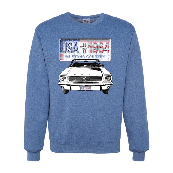 Wild Bobby, Ford Mustang Country USA 1964 Vintage American License Plate, Cars and Trucks, Unisex Crewneck Graphic Sweatshirt, Vintage Heather Blue, X-Large