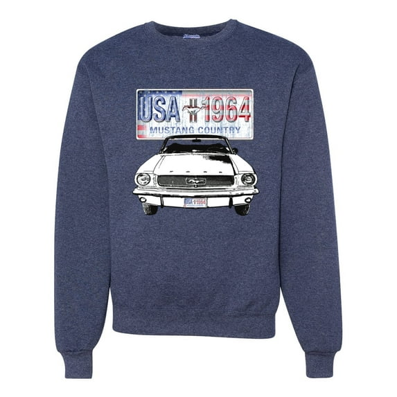 Wild Bobby, Ford Mustang Country USA 1964 Vintage American License Plate, Cars and Trucks, Unisex Crewneck Graphic Sweatshirt, Vintage Heather Navy, 3X-Large
