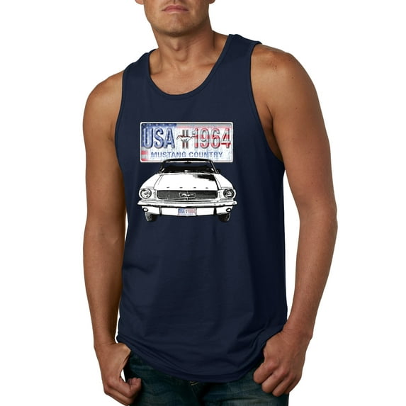 Wild Bobby, Ford Mustang Country USA 1964 Vintage American License Plate, Cars and Trucks, Men Graphic Tank Top, Navy, Medium