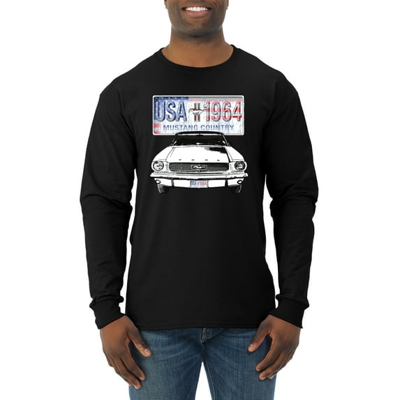 Wild Bobby, Ford Mustang Country USA 1964 Vintage American License Plate, Cars and Trucks, Men Long Sleeve Shirt, Black, Small