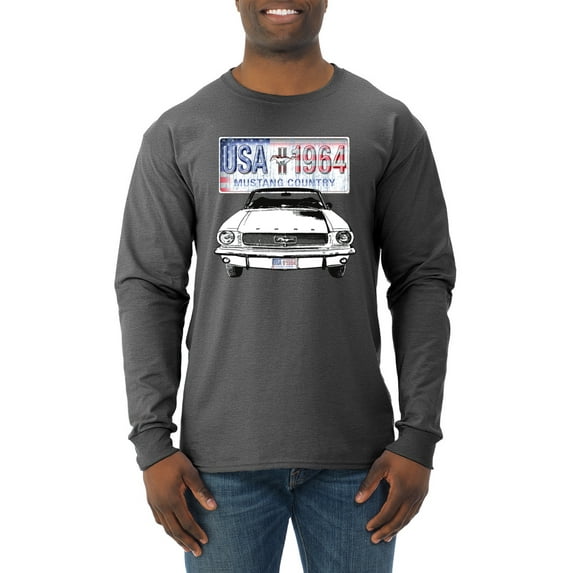 Wild Bobby, Ford Mustang Country USA 1964 Vintage American License Plate, Cars and Trucks, Men Long Sleeve Shirt, Heather Black, X-Large