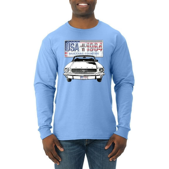 Wild Bobby, Ford Mustang Country USA 1964 Vintage American License Plate, Cars and Trucks, Men Long Sleeve Shirt, Light Blue, XX-Large