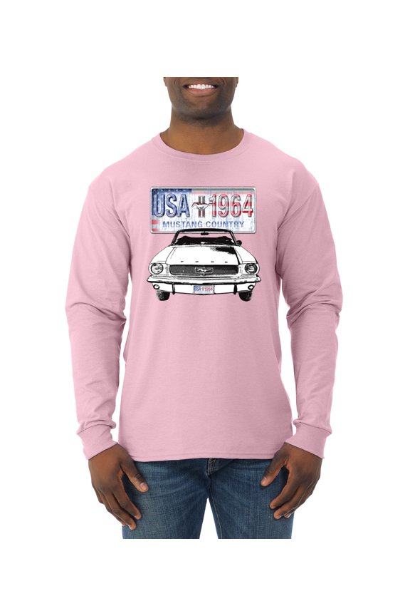 , Ford Mustang Country USA 1964 Vintage American License Plate, Cars and Trucks, Men Long Sleeve Shirt, Light Pink, Large