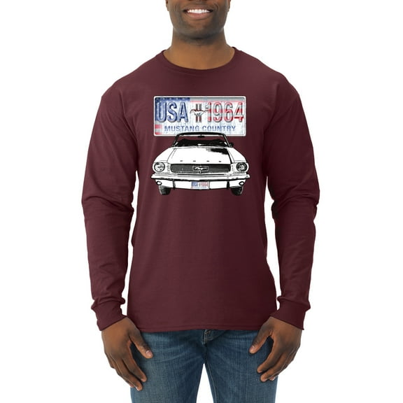 Wild Bobby, Ford Mustang Country USA 1964 Vintage American License Plate, Cars and Trucks, Men Long Sleeve Shirt, Maroon, Small