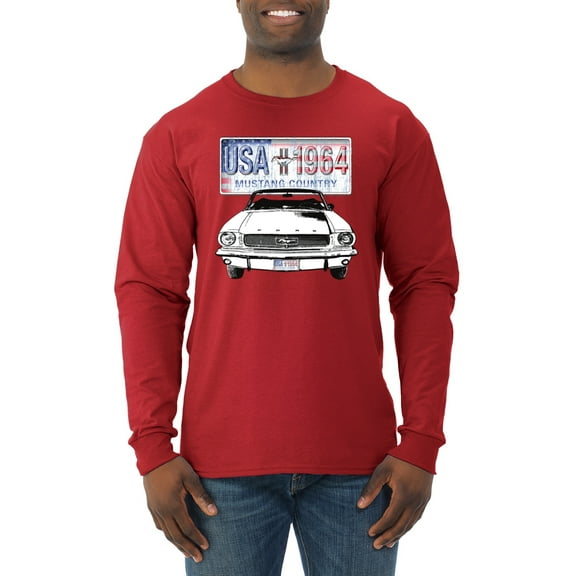 Wild Bobby, Ford Mustang Country USA 1964 Vintage American License Plate, Cars and Trucks, Men Long Sleeve Shirt, Red, Medium