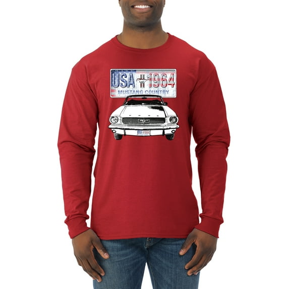 Wild Bobby, Ford Mustang Country USA 1964 Vintage American License Plate, Cars and Trucks, Men Long Sleeve Shirt, Red, Medium