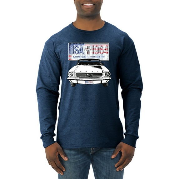 Wild Bobby, Ford Mustang Country USA 1964 Vintage American License Plate, Cars and Trucks, Men Long Sleeve Shirt, Vintage Heather Navy, Small