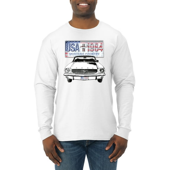 Wild Bobby, Ford Mustang Country USA 1964 Vintage American License Plate, Cars and Trucks, Men Long Sleeve Shirt, White, Medium