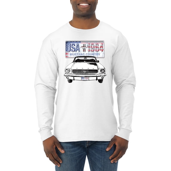 Wild Bobby, Ford Mustang Country USA 1964 Vintage American License Plate, Cars and Trucks, Men Long Sleeve Shirt, White, XX-Large