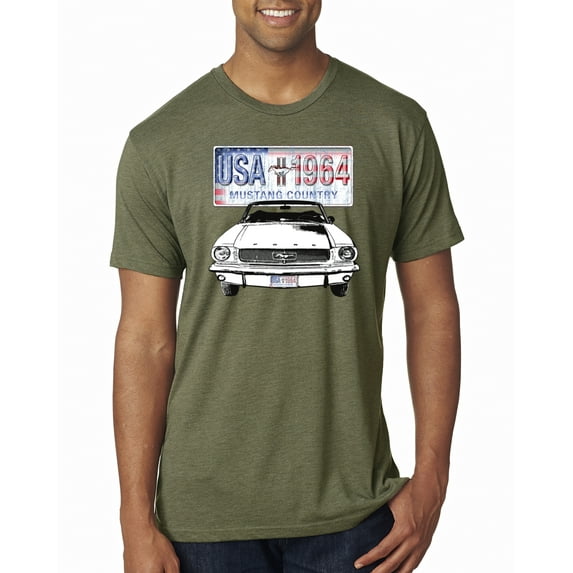 Wild Bobby, Ford Mustang Country USA 1964 Vintage American License Plate, Cars and Trucks, Men Premium Tri Blend Tee, Military Green, Large
