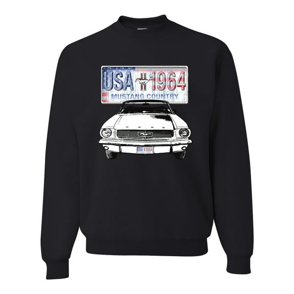 Wild Bobby, Ford Mustang Country USA 1964 Vintage American License Plate, Cars and Trucks, Unisex Crewneck Graphic Sweatshirt, Black, Small
