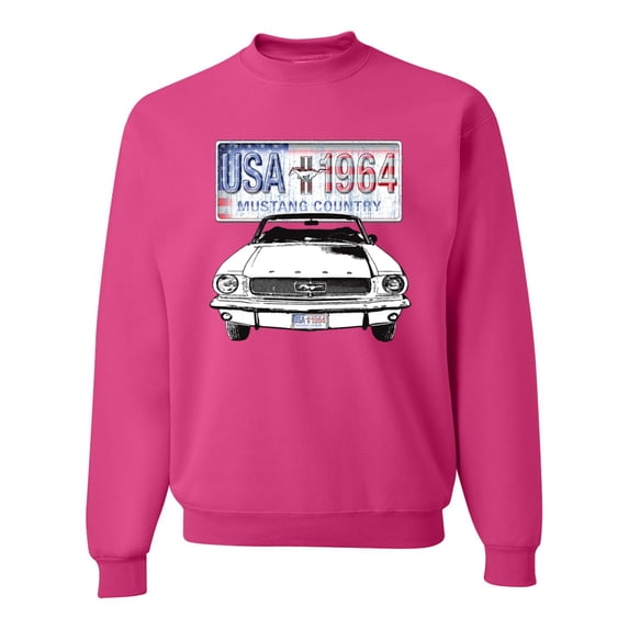 Wild Bobby, Ford Mustang Country USA 1964 Vintage American License Plate, Cars and Trucks, Unisex Crewneck Graphic Sweatshirt, Fuschia, 3X-Large