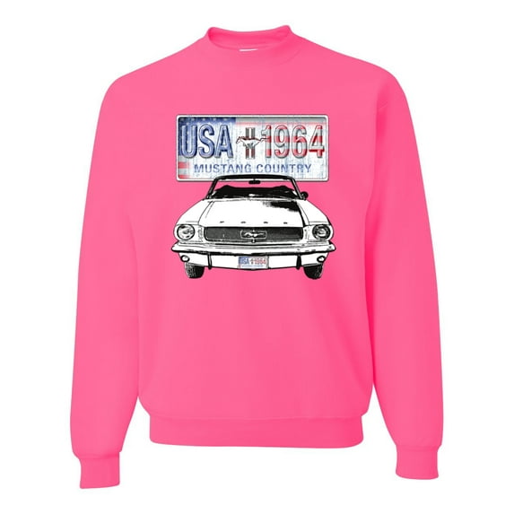 Wild Bobby, Ford Mustang Country USA 1964 Vintage American License Plate, Cars and Trucks, Unisex Crewneck Graphic Sweatshirt, Neon Pink, XX-Large