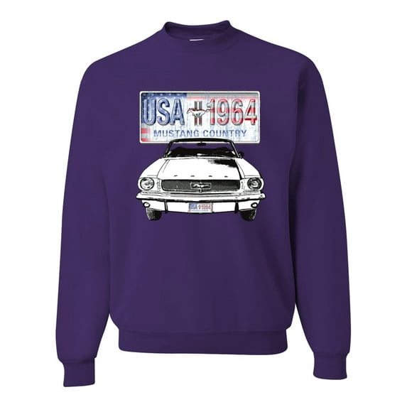 Wild Bobby, Ford Mustang Country USA 1964 Vintage American License Plate, Cars and Trucks, Unisex Crewneck Graphic Sweatshirt, Purple, X-Large