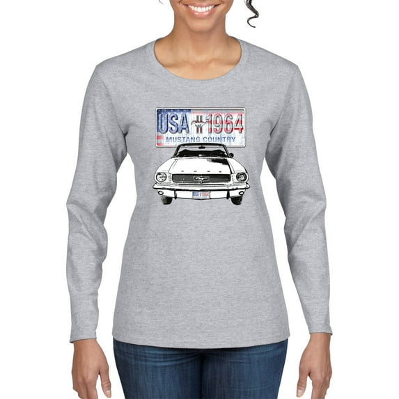 Wild Bobby, Ford Mustang Country USA 1964 Vintage American License Plate, Cars and Trucks, Women Graphic Long Sleeve Tee, Heather Grey, X-Large