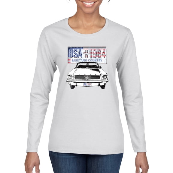 Wild Bobby, Ford Mustang Country USA 1964 Vintage American License Plate, Cars and Trucks, Women Graphic Long Sleeve Tee, White, Medium