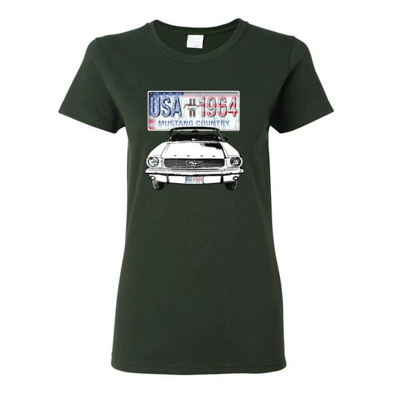 Wild Bobby, Ford Mustang Country USA 1964 Vintage American License Plate, Cars and Trucks, Women Graphic Tee, Forest Green, Medium