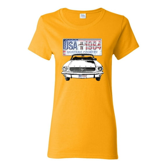 Wild Bobby, Ford Mustang Country USA 1964 Vintage American License Plate, Cars and Trucks, Women Graphic Tee, Gold, Small