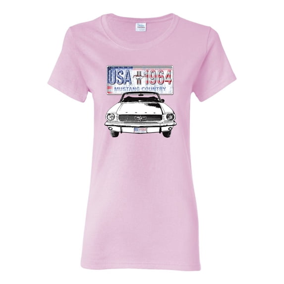 Wild Bobby, Ford Mustang Country USA 1964 Vintage American License Plate, Cars and Trucks, Women Graphic Tee, Light Pink, Small