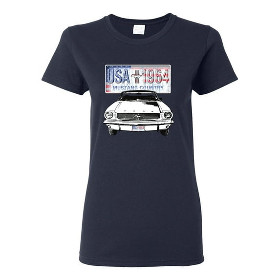 Wild Bobby, Ford Mustang Country USA 1964 Vintage American License Plate, Cars and Trucks, Women Graphic Tee, Navy, Medium