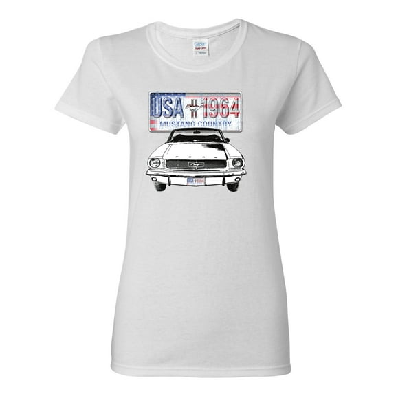 Wild Bobby, Ford Mustang Country USA 1964 Vintage American License Plate, Cars and Trucks, Women Graphic Tee, White, X-Large