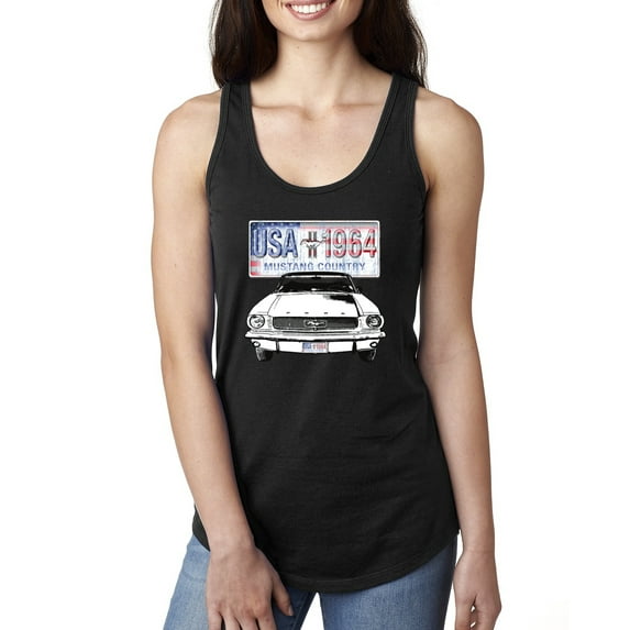 Wild Bobby, Ford Mustang Country USA 1964 Vintage American License Plate, Cars and Trucks, Women Racerback Tank Top, Black, Small