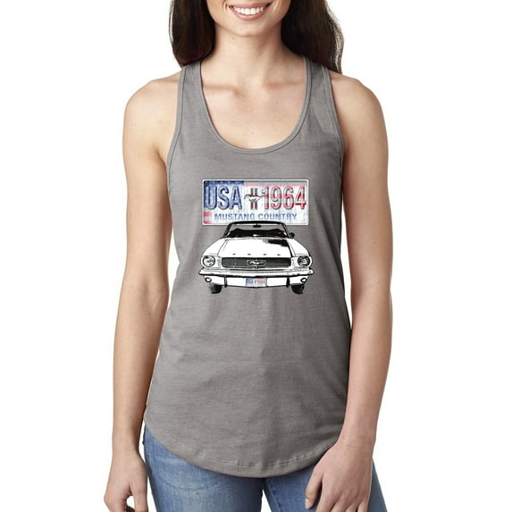 Wild Bobby, Ford Mustang Country USA 1964 Vintage American License Plate, Cars and Trucks, Women Racerback Tank Top, Heather Grey, Medium