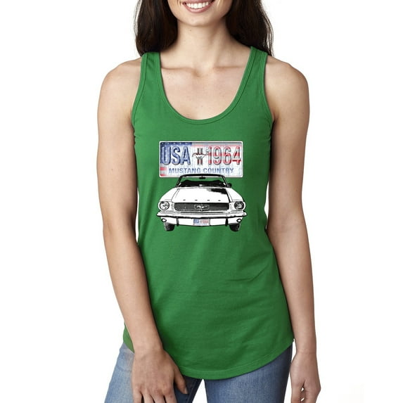 Wild Bobby, Ford Mustang Country USA 1964 Vintage American License Plate, Cars and Trucks, Women Racerback Tank Top, Kelly, Medium