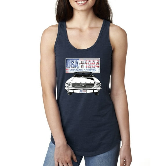 Wild Bobby, Ford Mustang Country USA 1964 Vintage American License Plate, Cars and Trucks, Women Racerback Tank Top, Navy, Medium