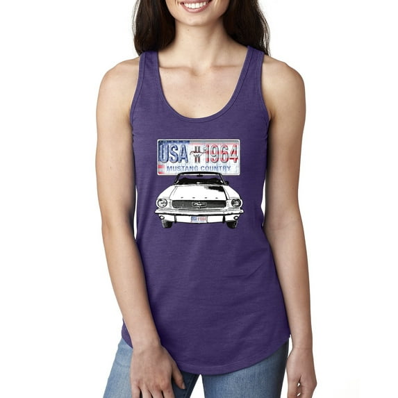 Wild Bobby, Ford Mustang Country USA 1964 Vintage American License Plate, Cars and Trucks, Women Racerback Tank Top, Purple Rush, Small