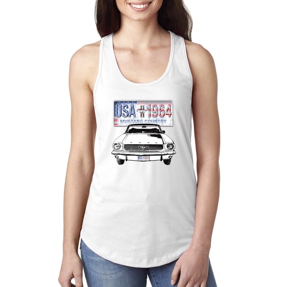 Wild Bobby, Ford Mustang Country USA 1964 Vintage American License Plate, Cars and Trucks, Women Racerback Tank Top, White, X-Large