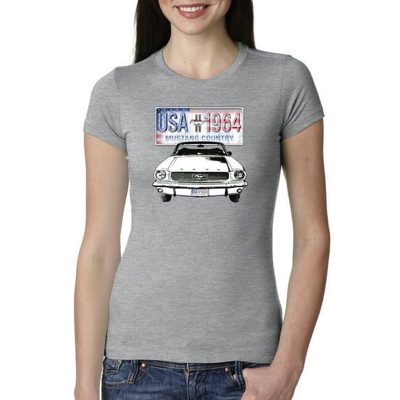 Wild Bobby, Ford Mustang Country USA 1964 Vintage American License Plate, Cars and Trucks, Women Slim Fit Junior Tee, Heather Grey, Large