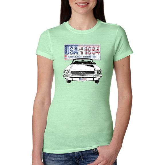 Wild Bobby, Ford Mustang Country USA 1964 Vintage American License Plate, Cars and Trucks, Women Slim Fit Junior Tee, Mint, Large