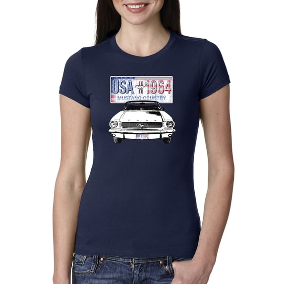 Wild Bobby, Ford Mustang Country USA 1964 Vintage American License Plate, Cars and Trucks, Women Slim Fit Junior Tee, Navy, Large
