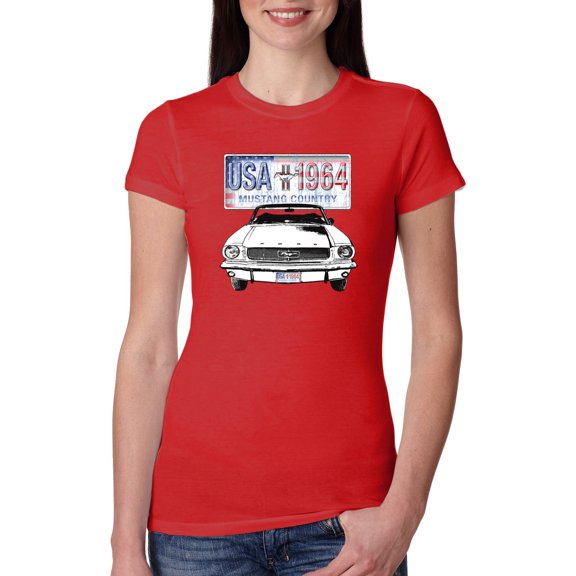 Wild Bobby, Ford Mustang Country USA 1964 Vintage American License Plate, Cars and Trucks, Women Slim Fit Junior Tee, Red, Medium