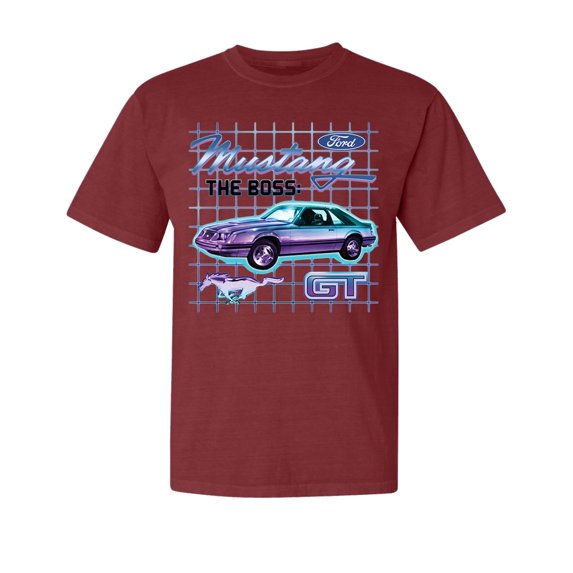 Wild Bobby, Ford Mustang GT The Boss Retro Neon Vintage, Cars and Trucks, Garment-Dyed Washed Look Short Sleeve Tees, Tomato, 2XL