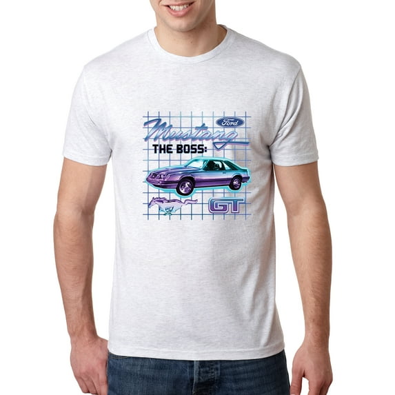 Wild Bobby, Ford Mustang GT The Boss Retro Neon Vintage | Mens Cars and Trucks Premium Tri Blend T-Shirt, Heather White, 2XL