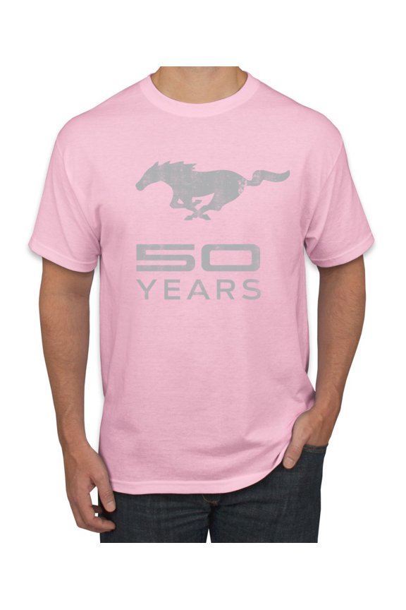 , Ford Mustang Logo 50 Years Vintage Emblem, Cars and Trucks, Men Graphic Tee, Light Pink, Large