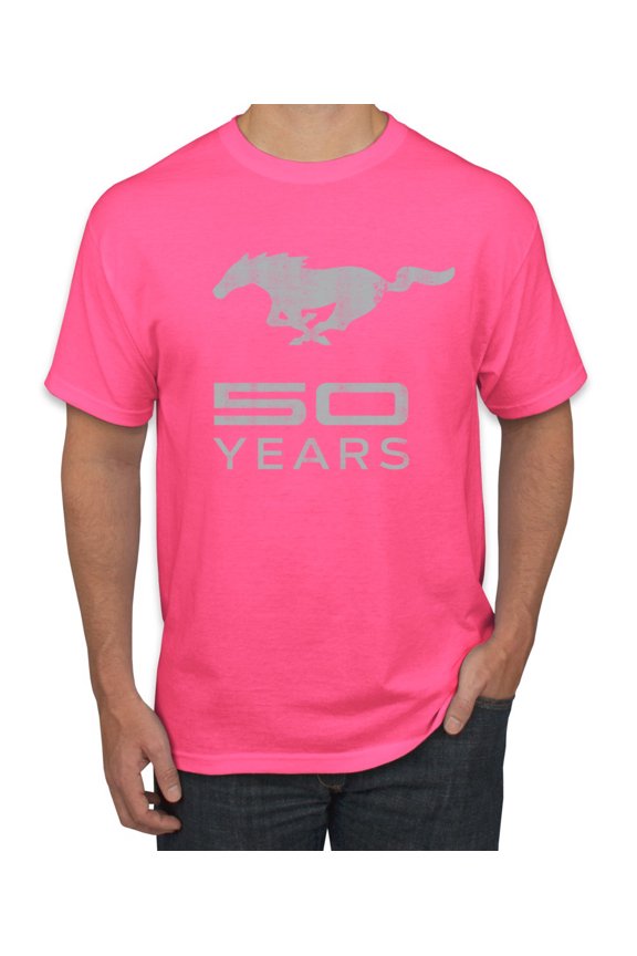 , Ford Mustang Logo 50 Years Vintage Emblem, Cars and Trucks, Men Graphic Tee, Neon Pink, Medium