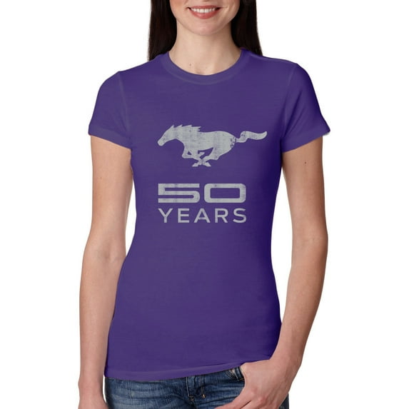 Wild Bobby, Ford Mustang Logo 50 Years Vintage Emblem, Cars and Trucks, Women Slim Fit Junior Tee, Purple Rush, Large