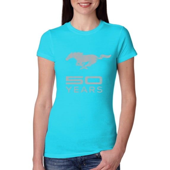 Wild Bobby, Ford Mustang Logo 50 Years Vintage Emblem, Cars and Trucks, Women Slim Fit Junior Tee, Tahiti Blue, Large