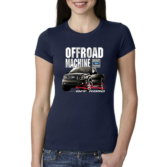 Wild Bobby, Ford Offroad Machine Classic Built Tough 4x4 Off Road, Cars and Trucks, Women Slim Fit Junior Tee, Navy, Large