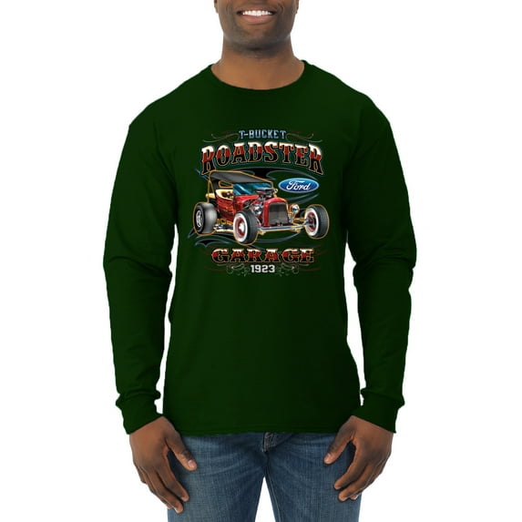 Wild Bobby, Ford Retro T-Bucket Roadster 1923 Vintage Garage Motors, Cars and Trucks, Men Long Sleeve Shirt, Forest Green, 3X-Large