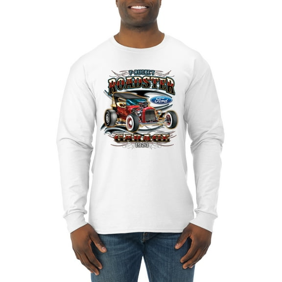 Wild Bobby, Ford Retro T-Bucket Roadster 1923 Vintage Garage Motors, Cars and Trucks, Men Long Sleeve Shirt, White, Medium