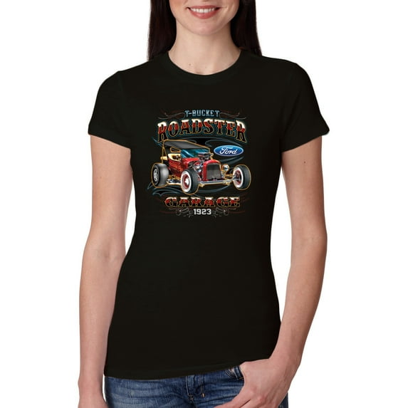 Wild Bobby, Ford Retro T-Bucket Roadster 1923 Vintage Garage Motors, Cars and Trucks, Women Slim Fit Junior Tee, Black, Small