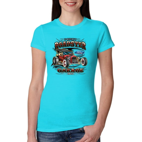 Wild Bobby, Ford Retro T-Bucket Roadster 1923 Vintage Garage Motors, Cars and Trucks, Women Slim Fit Junior Tee, Tahiti Blue, X-Large