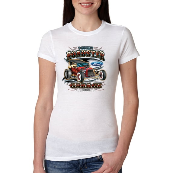 Wild Bobby, Ford Retro T-Bucket Roadster 1923 Vintage Garage Motors, Cars and Trucks, Women Slim Fit Junior Tee, White, Large